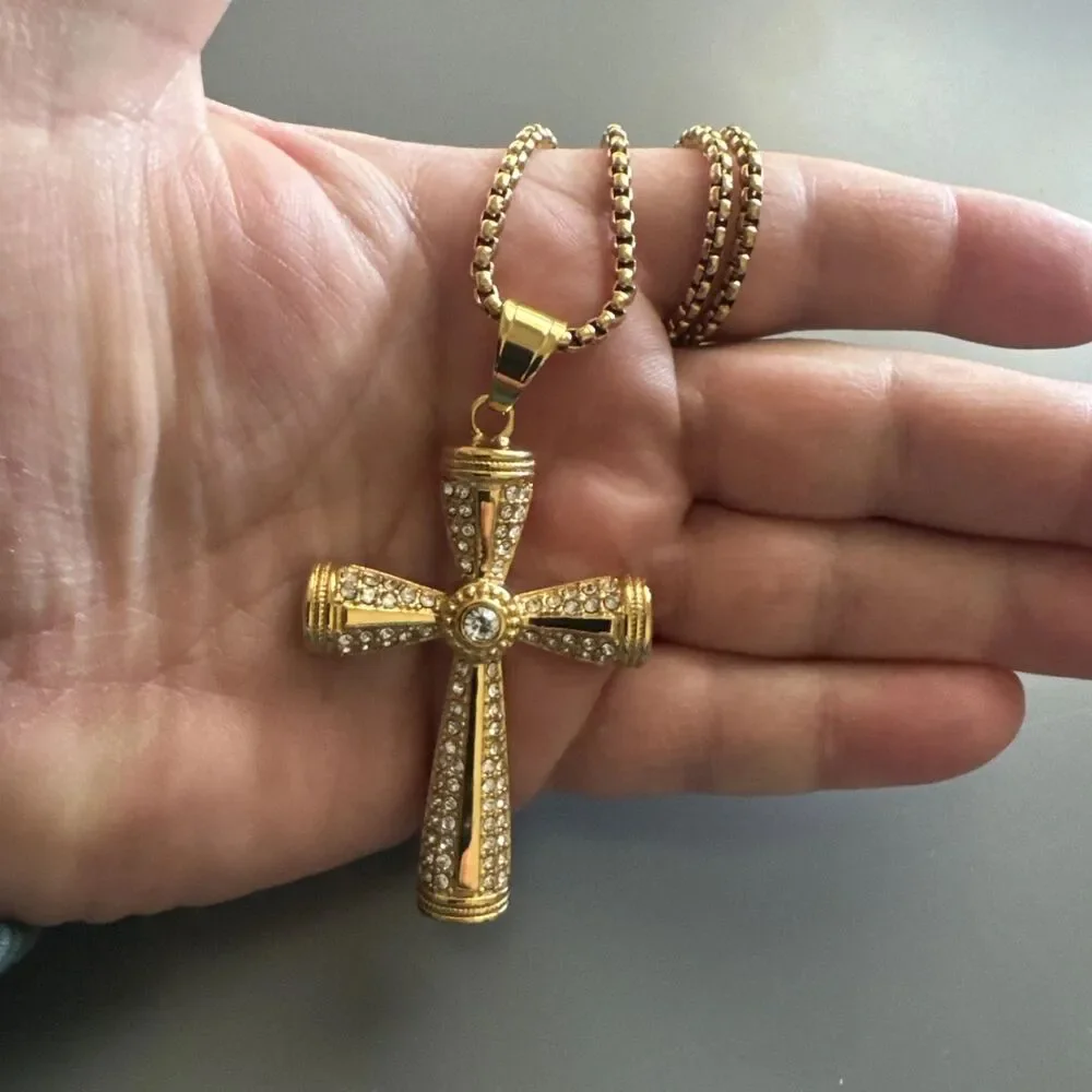 Cross Pendant Cubic Zirconia 24” Chain Gold Tone Stainless Steel Gift Jesus